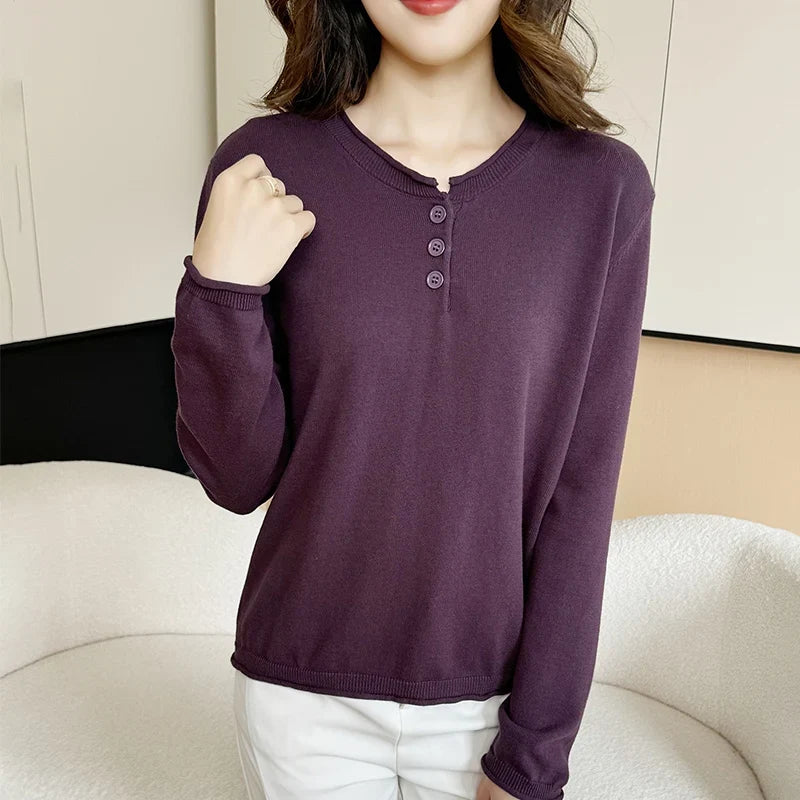 Damen Henley-Pullover Langarm mit Knopfleiste
