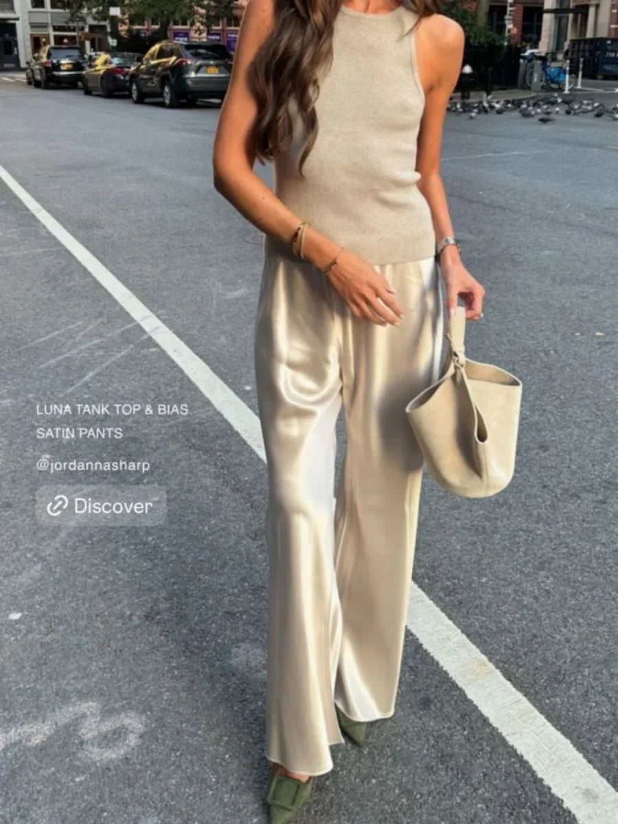 Dames satijnen palazzo-broek met elegante wijde pijpen