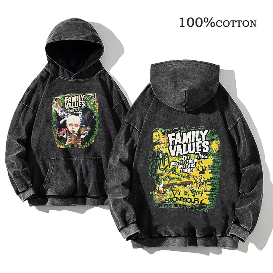 Korn Band Hoodie Unisex Washed Schwarz Kapuzenpullover Oversize