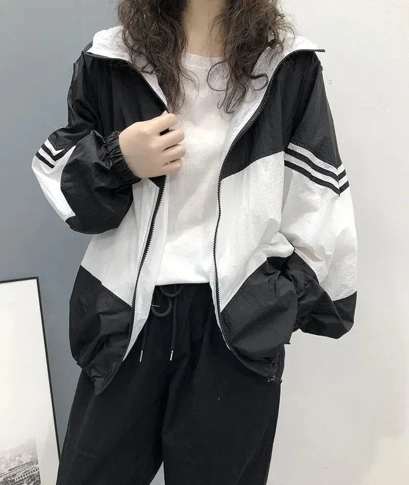 Leichte Kapuzenjacke Zweifarbig Windjacke Damen