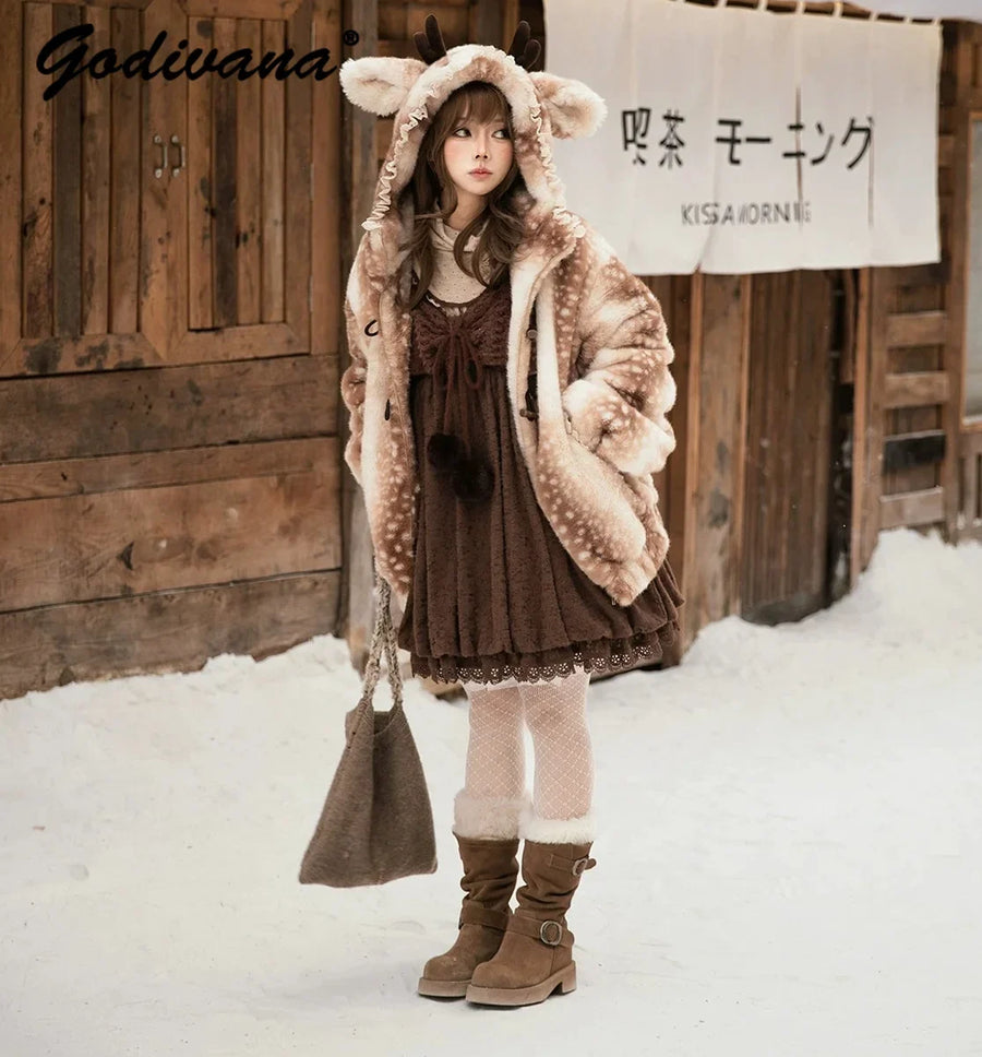 Damen Reh-Fleecejacke mit Kapuze und Geweih, gefleckt