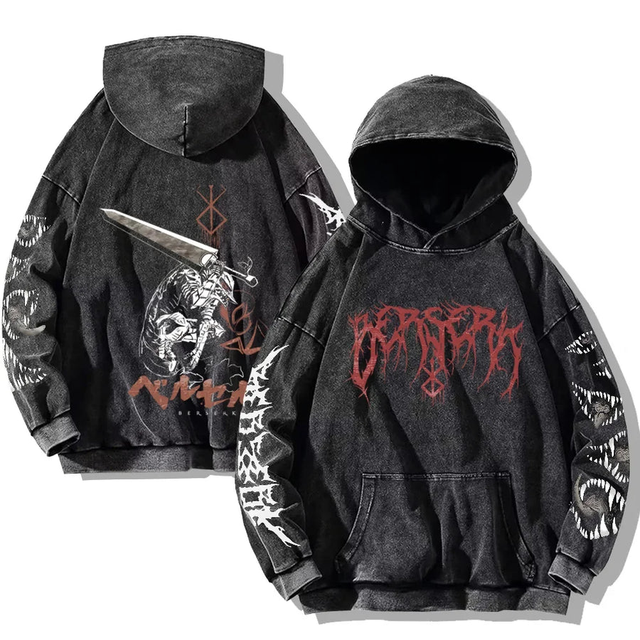 Vintage hoodie met capuchon en kangoeroezak – Berserk-print
