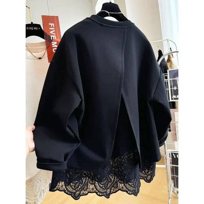 Damen Sweatshirt mit Spitze am Rücken Offen Beige