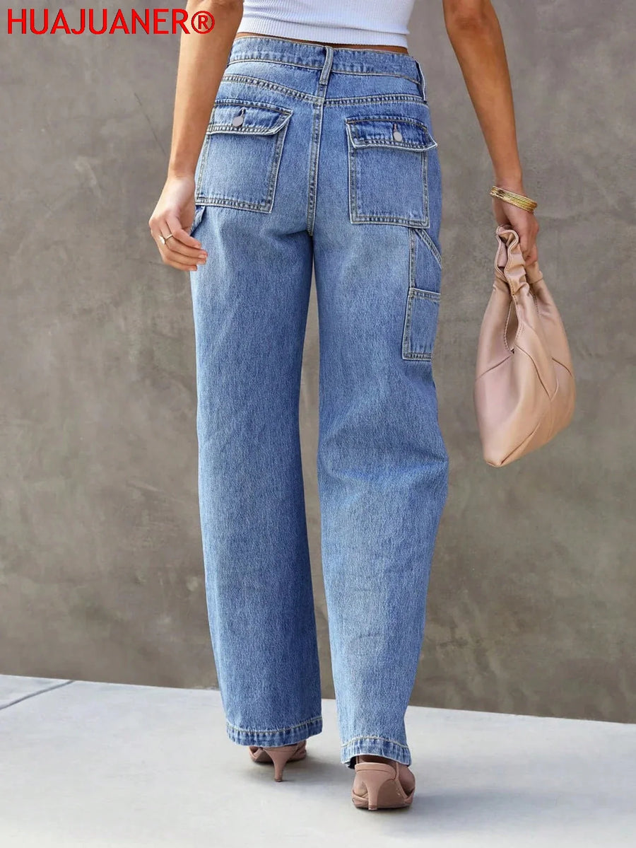 Damen Jeanshose Weites Bein Hoher Bund Hellblau mit Taschen