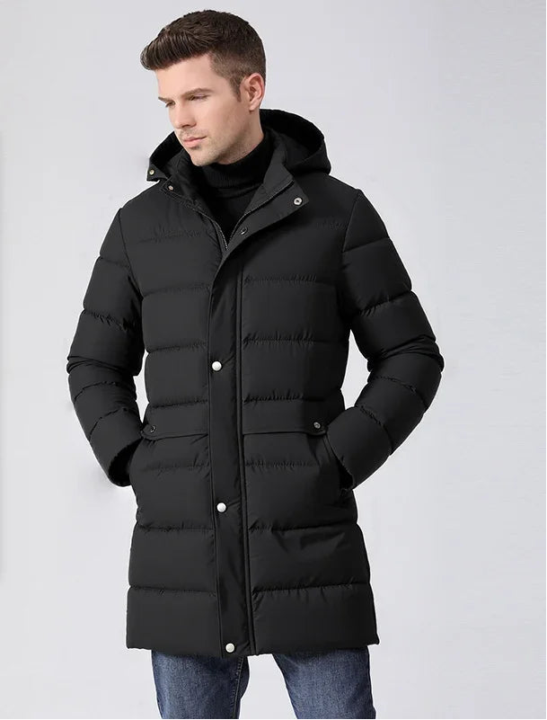 Herren Langer Winter Steppmantel mit Kapuze und Knöpfen – Warm & Winddicht