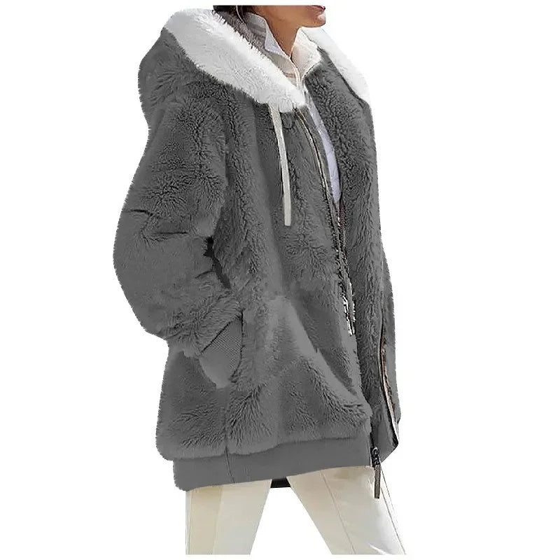 Teddy-Fleece Jacke mit Kapuze und Reißverschluss, flauschig warm