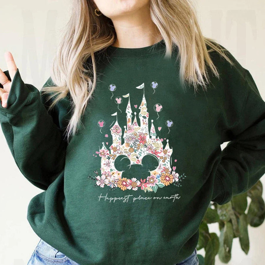 Damen Sweatshirt mit Rundhalsausschnitt und floralem Schloss-Print, Langarm