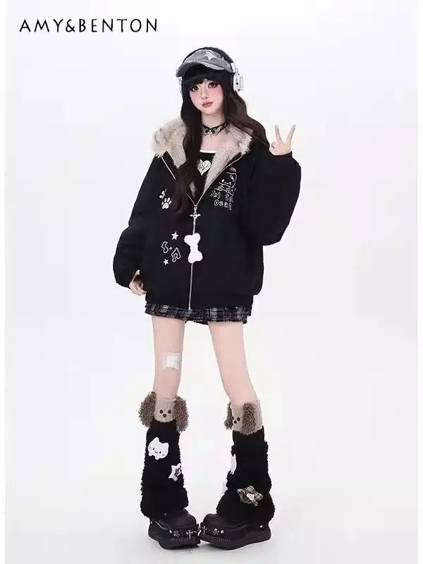 Damen Jacke mit Kapuze, Teddy-Ohren und Pelzimitat Futter
