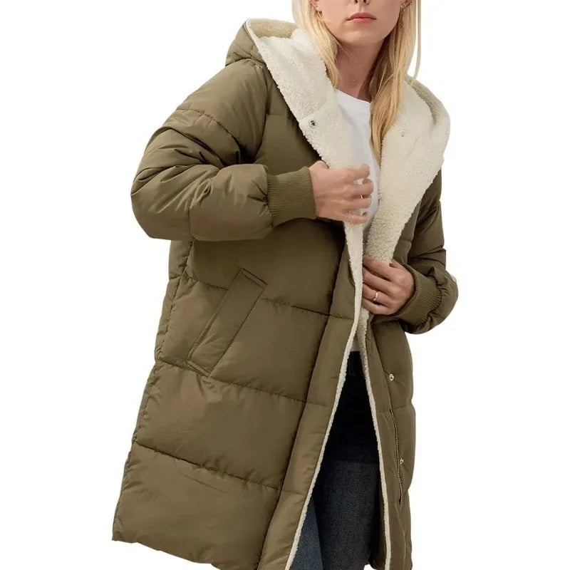 Damen Langer Steppmantel mit Kapuze und Teddyfutter, Winter Warme Jacke