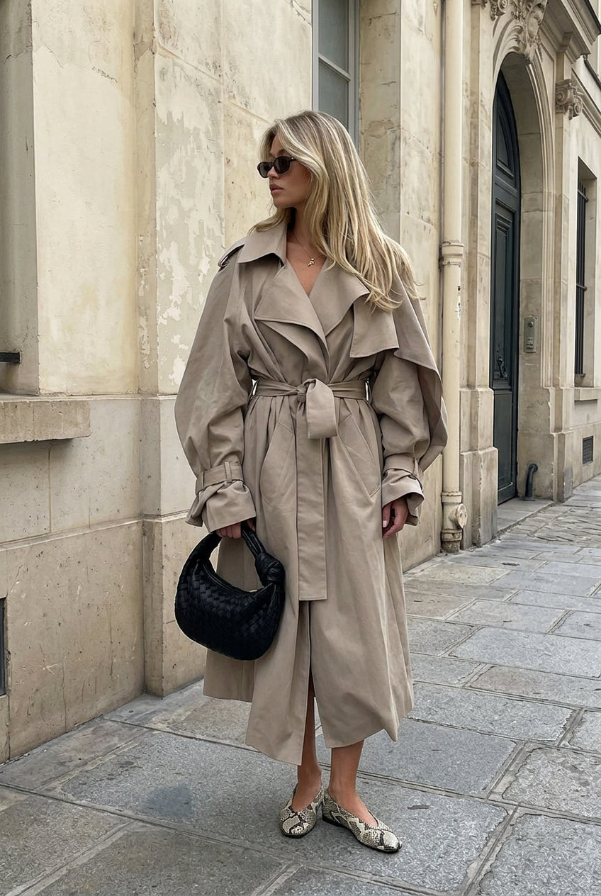 Dames oversized trenchcoat met strikceintuur, beige