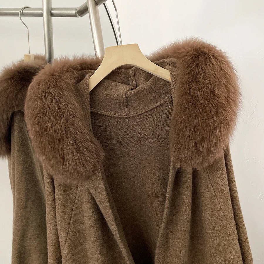 Damen Strickmantel Lang mit Fellkragen Grau