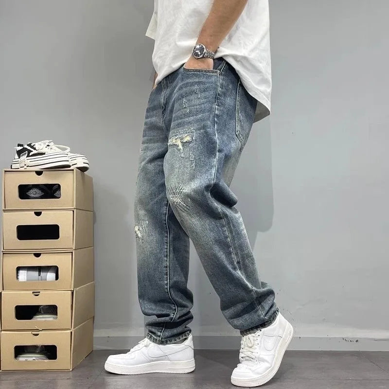 Herenjeans loose fit blauw in used look met wijde pijpen en distressed-effect