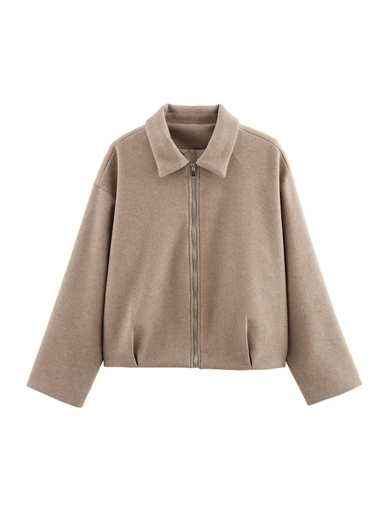 Kurze Jacke mit Reißverschluss und Kragen Damen Beige/Grau