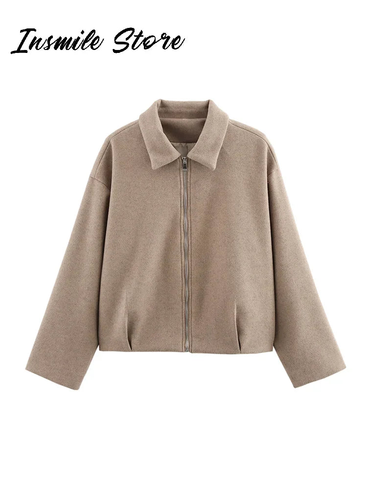 Kurze Jacke mit Reißverschluss und Kragen Damen Beige/Grau