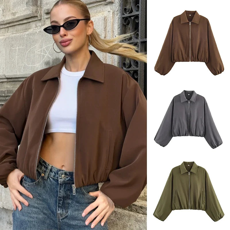 Damen Kurzjacke mit Reißverschluss, Kragen und Gummizugsaum