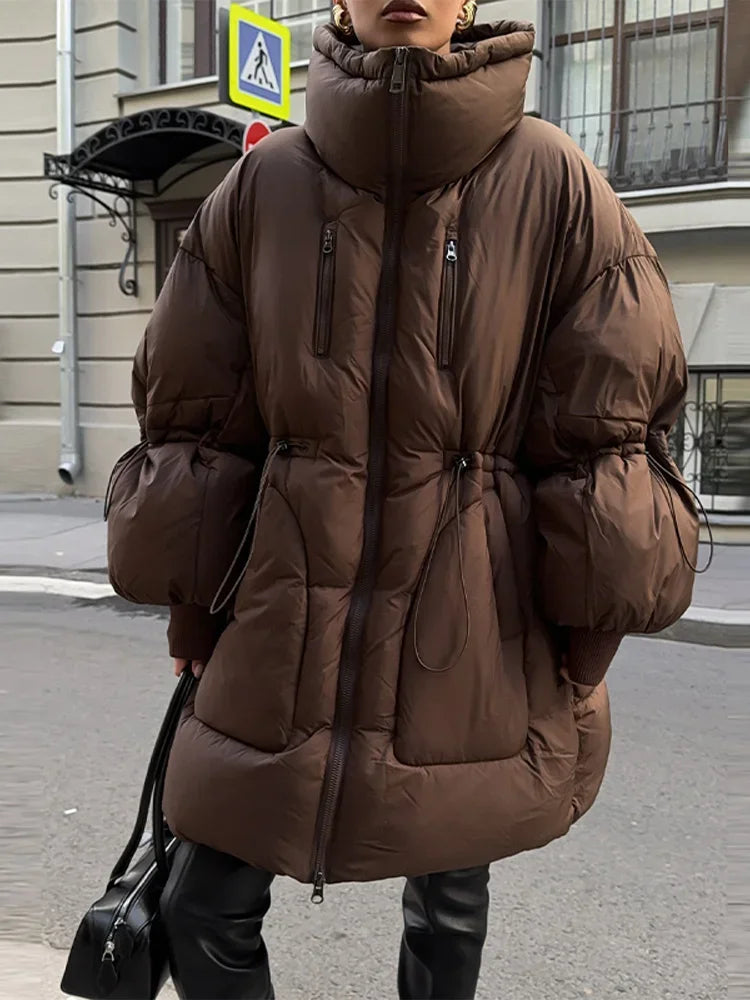 Damen Pufferjacke Oversize Braun Stehkragen Winterjacke