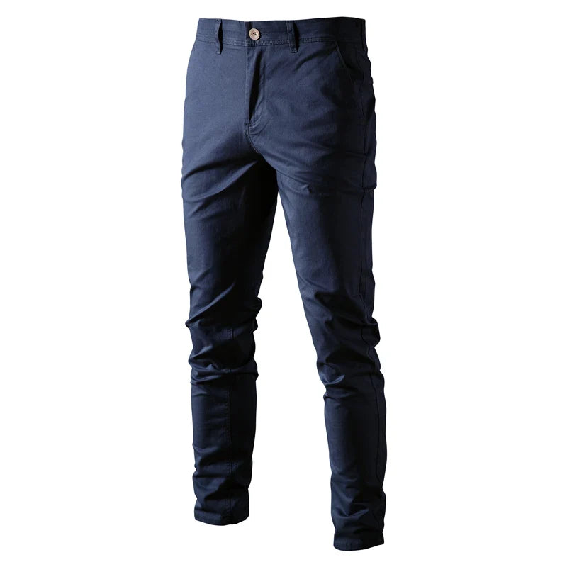 Chinobroek voor heren in kaki, slim fit casual broek met knoopsluiting