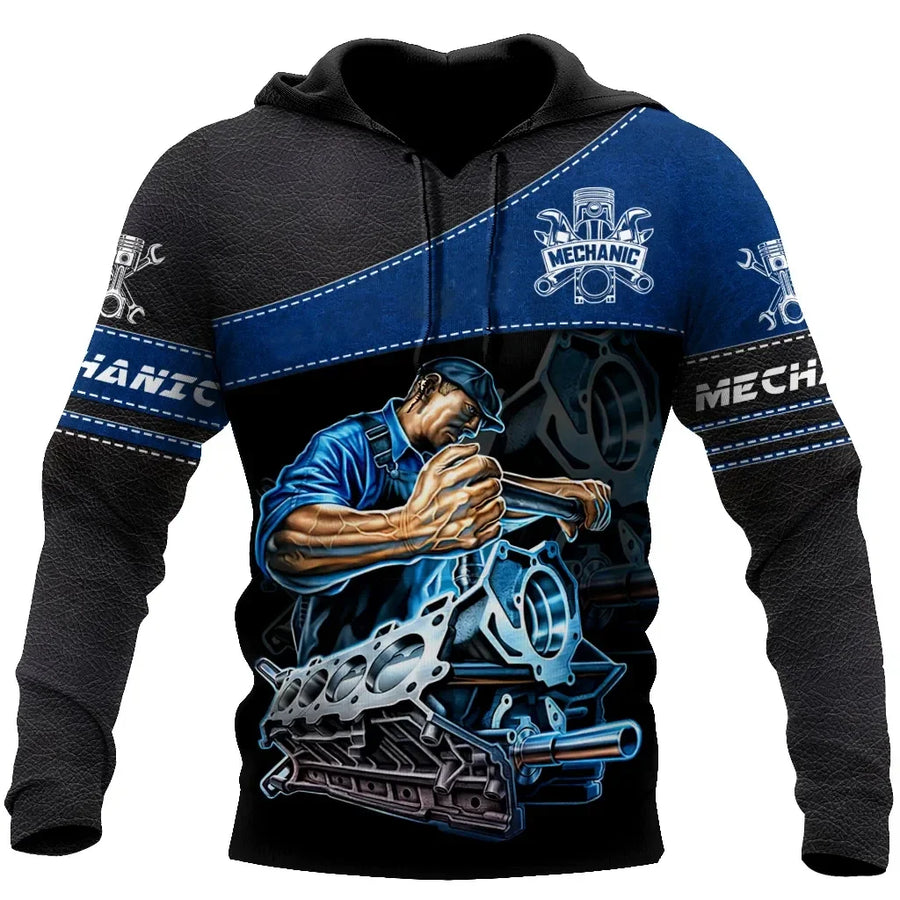 Kapuzenpullover Herren Hoodie Mechaniker-Design Motor Kolben Werkzeug Schwarz Grau