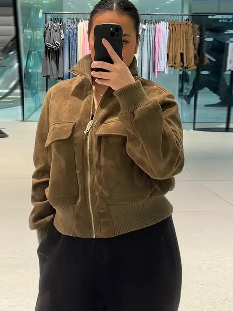 Damen Bomberjacke im Wildleder-Look mit Stehkragen und Reißverschluss