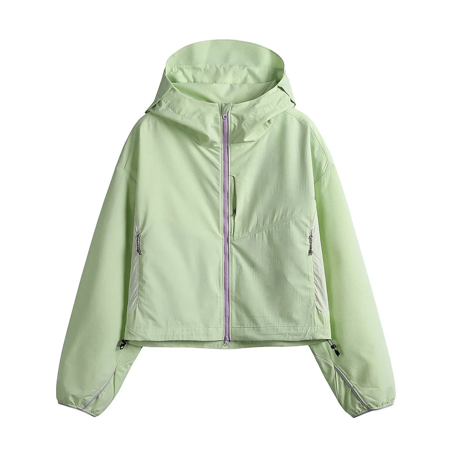 Damen Leichte Kapuzenjacke Crop Top Windjacke Reißverschluss