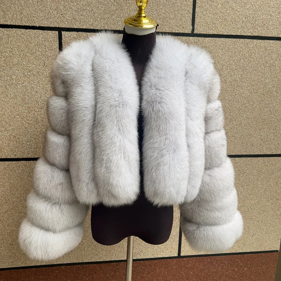 Kurze Damen Kunstpelzjacke mit langen Ärmeln und V-Ausschnitt, mehrfarbig