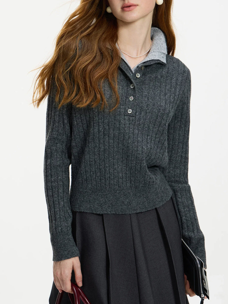 Gerippter Damen Strickpullover Grau mit Polokragen