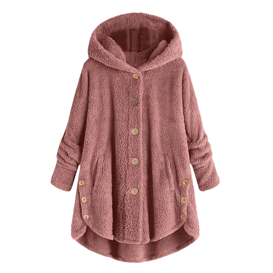 Damen Teddy-Fleece Jacke mit Kapuze und Knöpfen