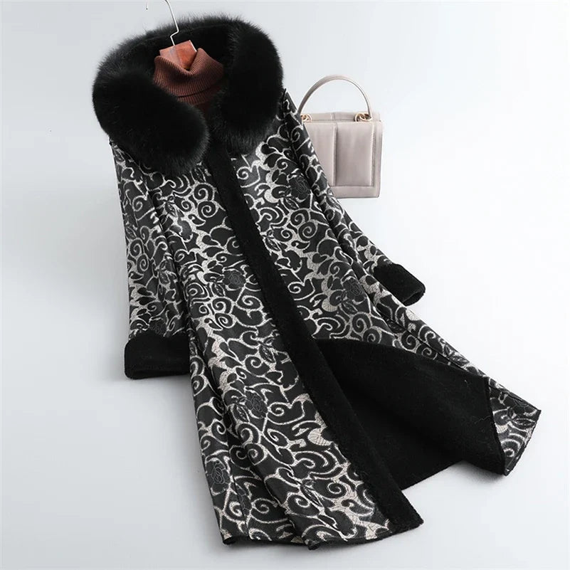 Damen Wintermantel mit Pelzkragen & Muster Langes Jacke Winter