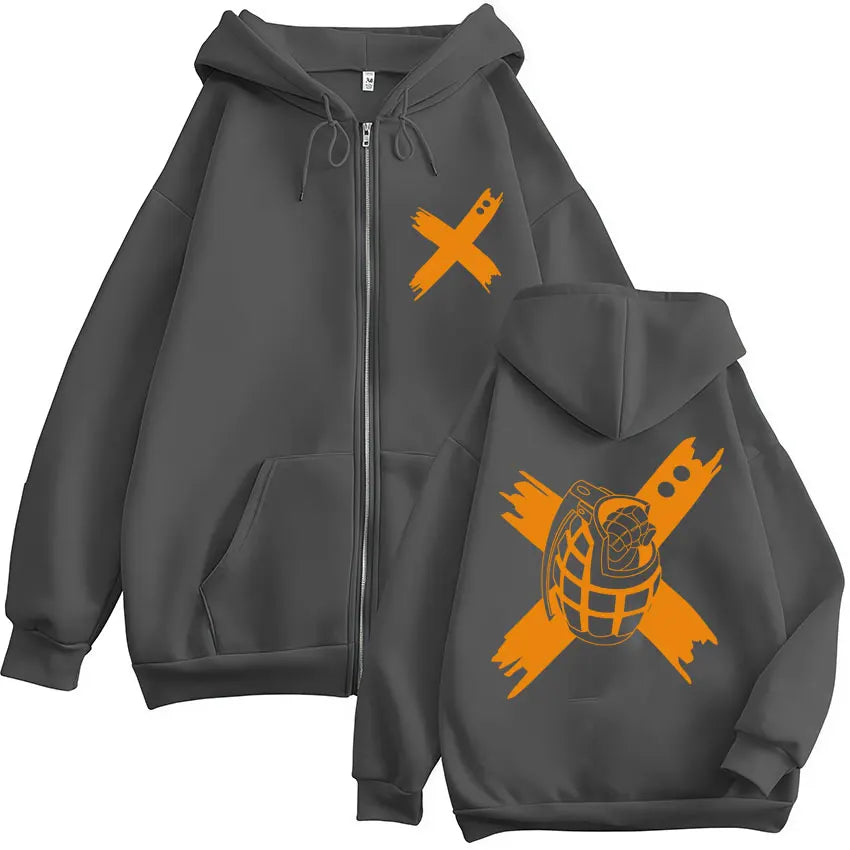 Unisex Reißverschluss Hoodie mit Kapuze & Druckmotiv, lässig