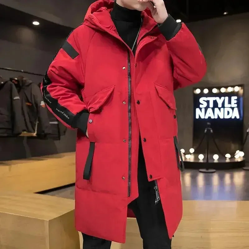 Herren Winter Steppmantel Lang mit Kapuze & Taschen