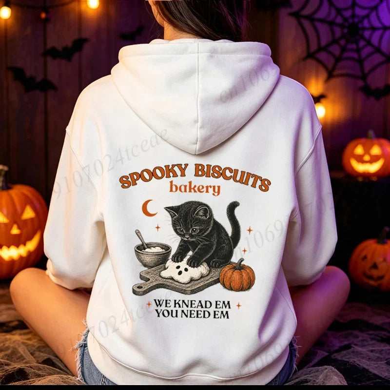 Hoodie met kattenmotief op de achterkant, "Spooky Biscuits Bakery"-print, sweatshirt met capuchon