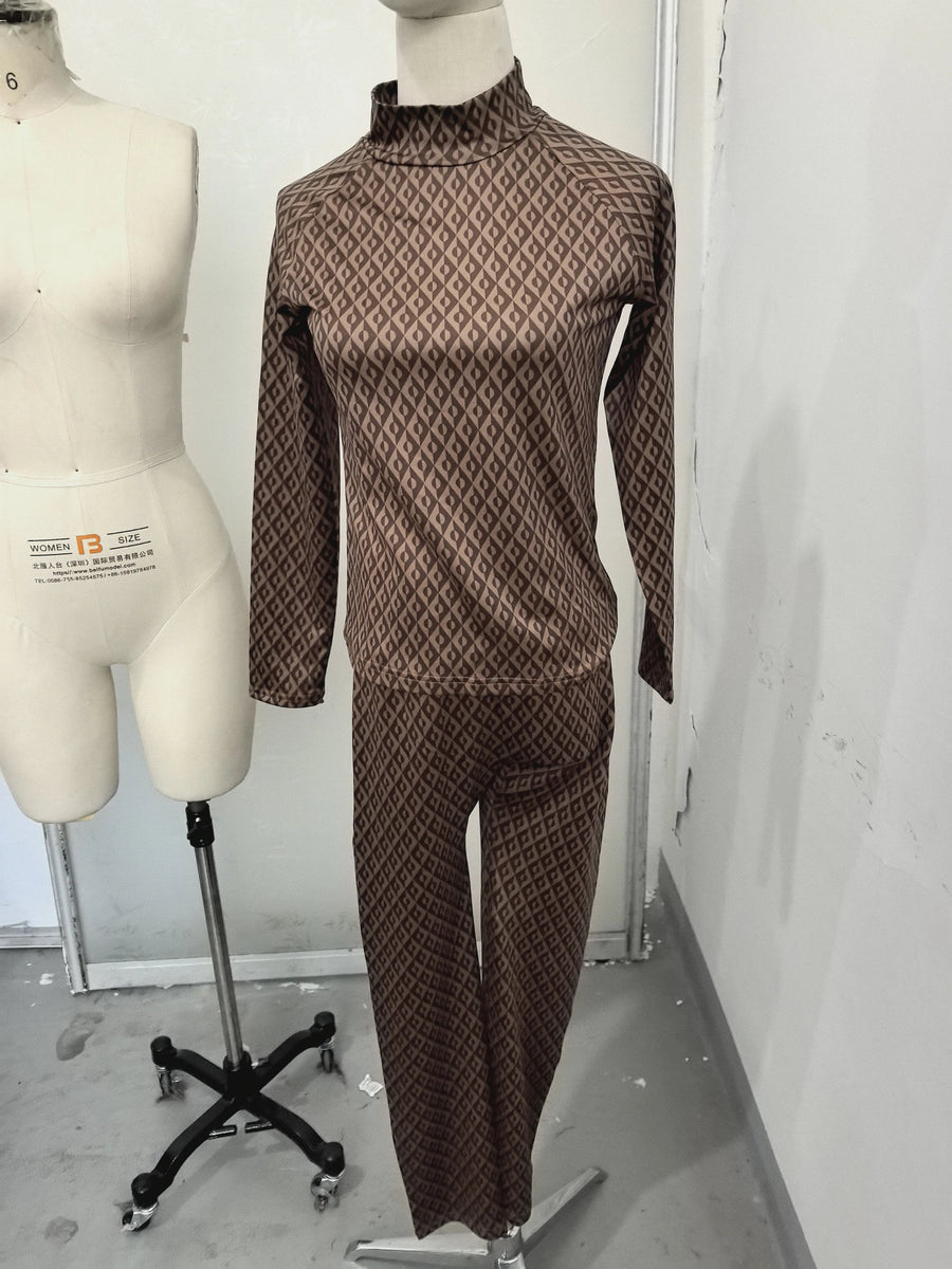 Steppjacke & Hose Set Damen Winter Raute Muster Braun Warm