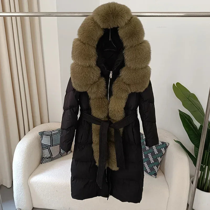 Damen Winter Steppmantel Lang mit Kapuze und Kunstpelzbesatz Gürtel