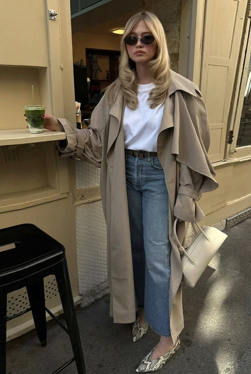 Dames oversized trenchcoat met strikceintuur, beige
