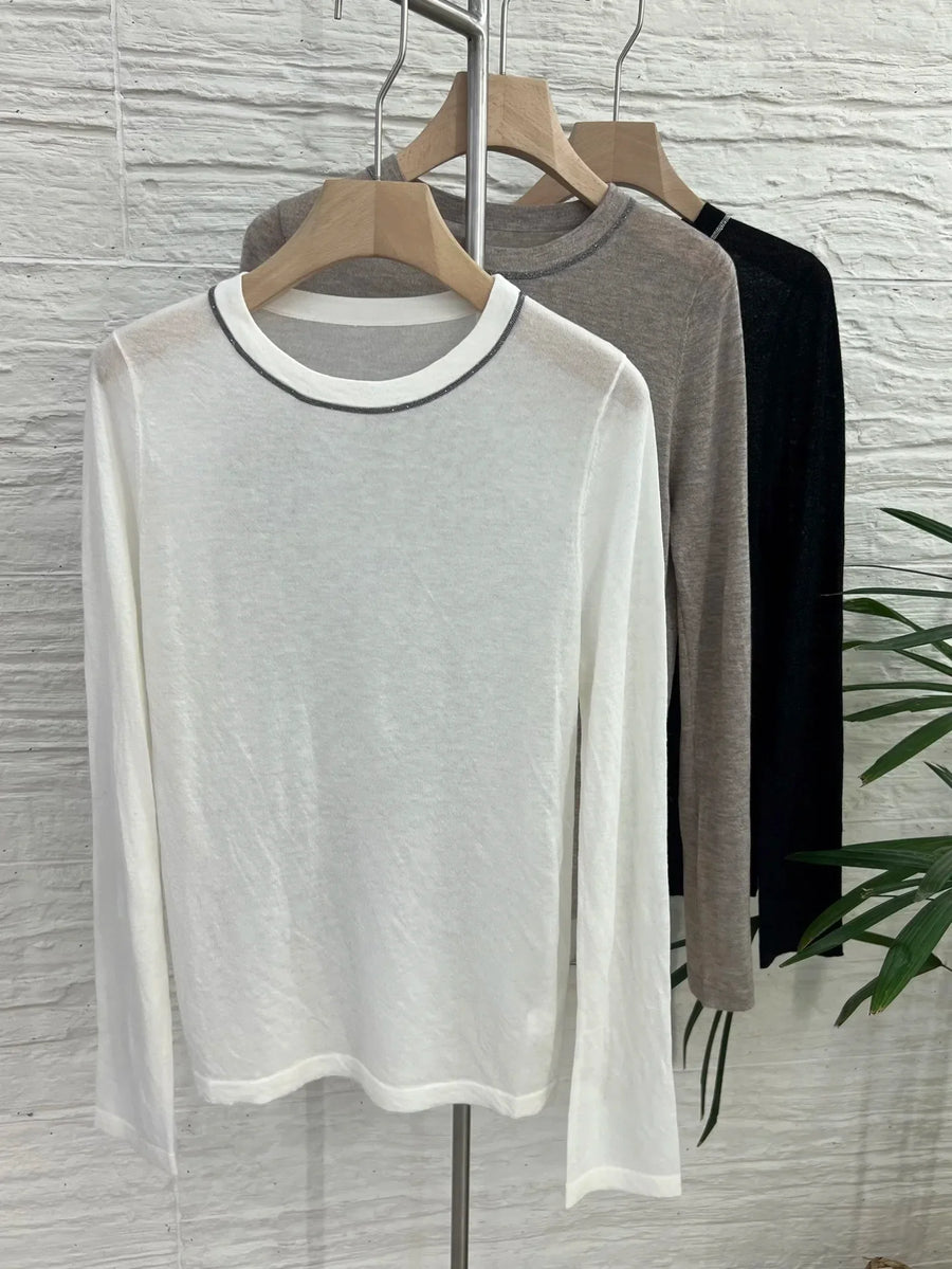 Dames shirt met lange mouwen en ronde hals, grijs, zwart en wit, met contrasterende naden