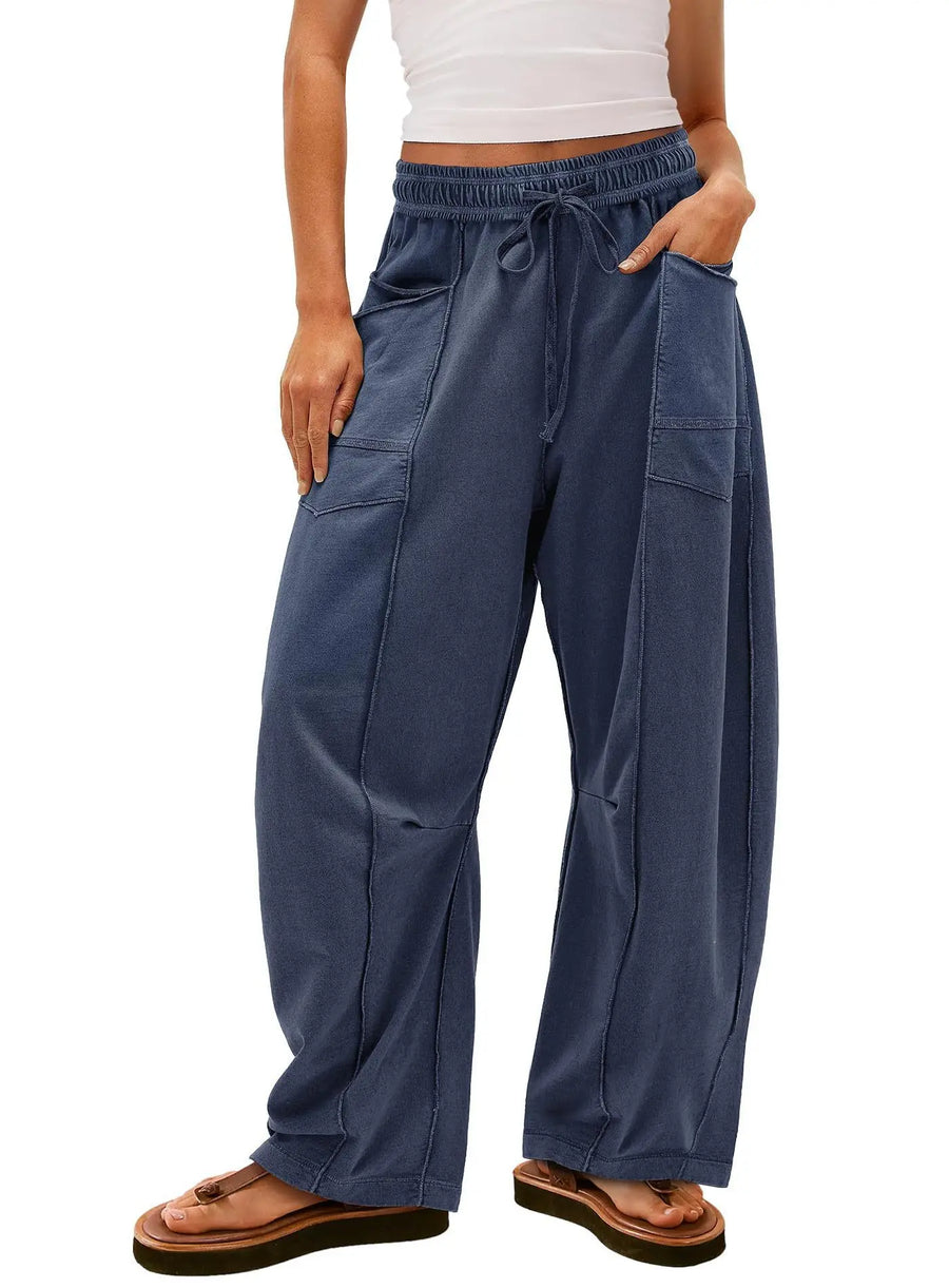 Damen Freizeithose Weites Bein Elastischer Bund Kordelzug Cargo-Taschen