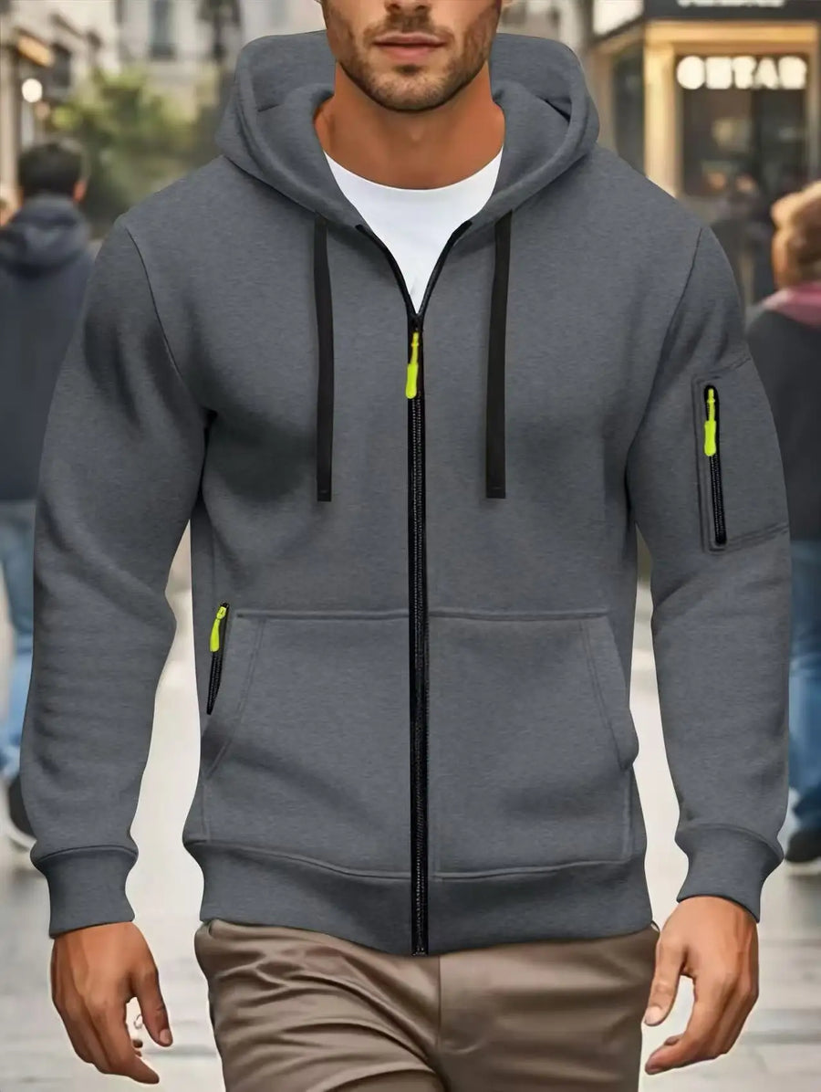 Herenhoodie met rits en zakken, olijfgroen