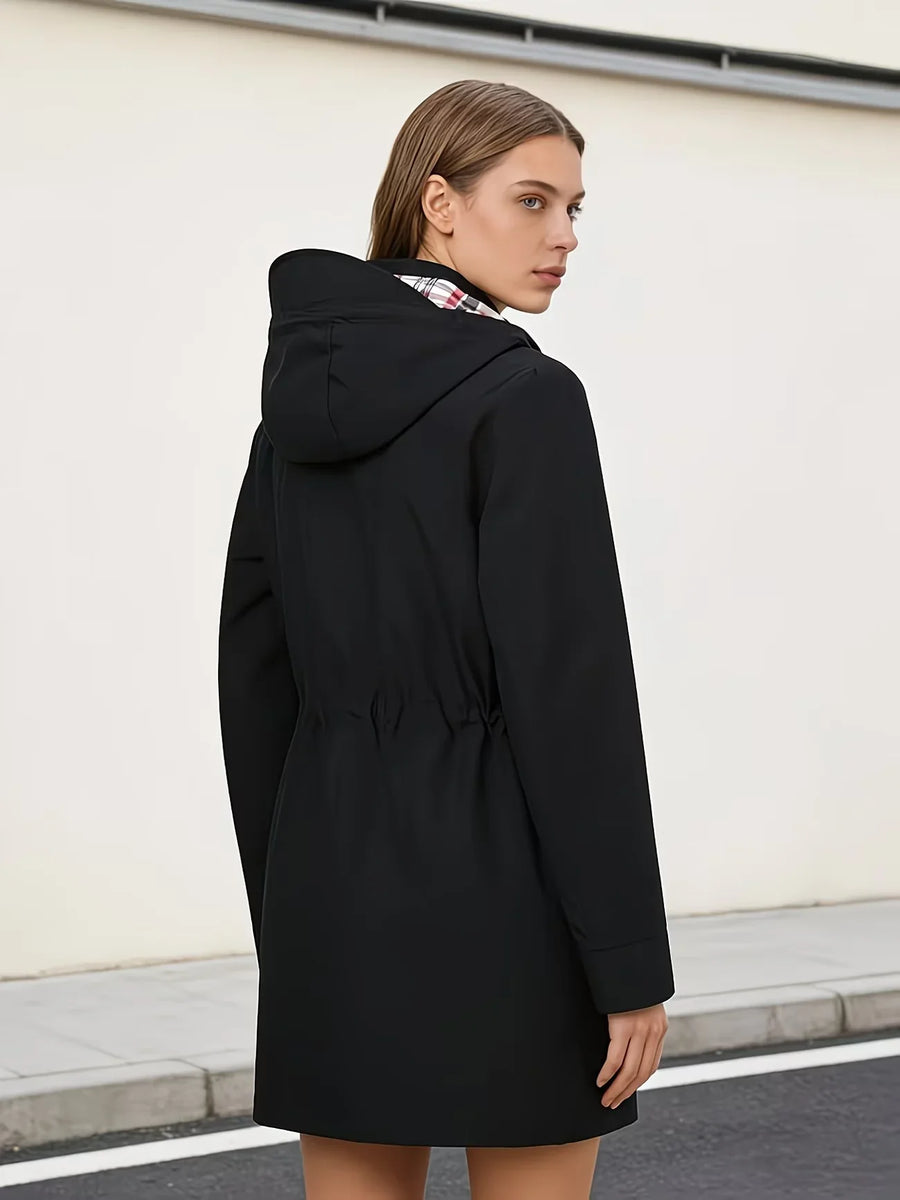 Damen Regenjacke Winddicht Atmungsaktiv mit Kariertem Futter Schwarz