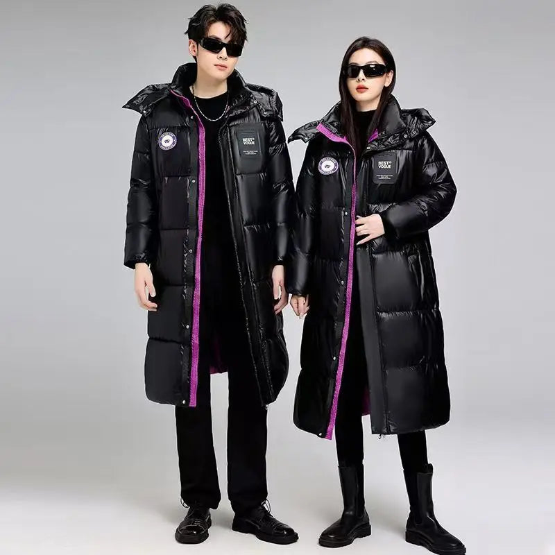 Unisex Langer Steppmantel Schwarz mit Kapuze Glänzende Optik