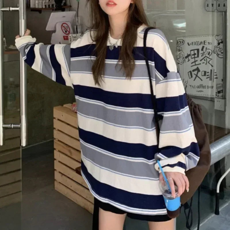 Gestreept damesshirt met lange mouwen, oversized, ronde hals, casual top