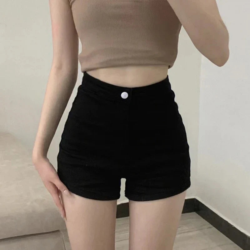 Kurze Damen Shorts Schwarz Hoher Bund Denim-Optik
