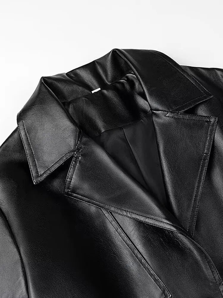 Damen Trenchcoat in Lederoptik mit Bindegürtel Langarm