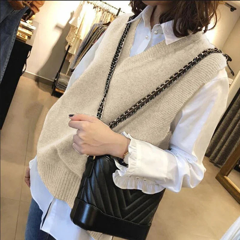 Gebreid damesvest met V-hals, mouwloze trui, grijs
