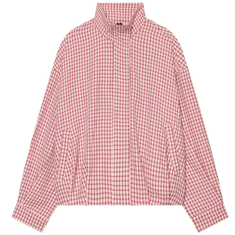 Damen Kariertes Hemd Kragen Langarm Locker Oversized Bluse