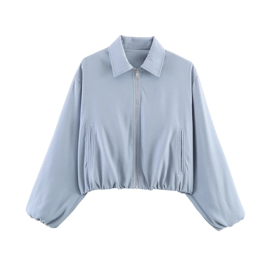 Damen Kurzjacke mit Reißverschluss, Kragen und Gummizugsaum