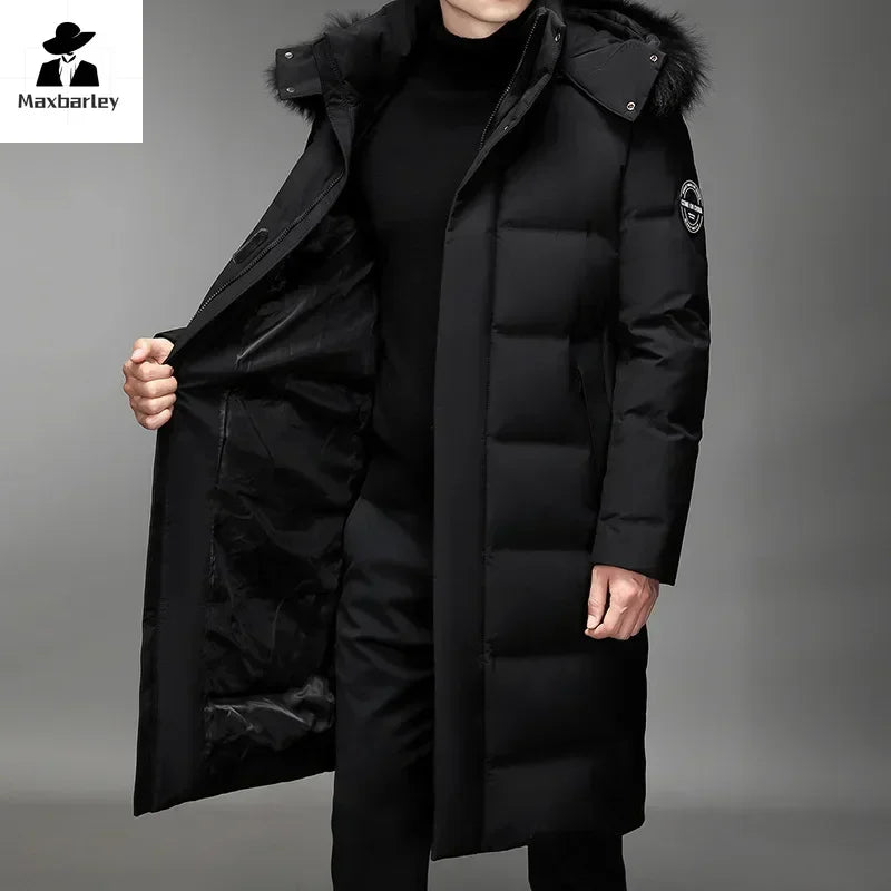 Langer Herren Winter Steppmantel mit Kapuze und Fellimitat-Besatz