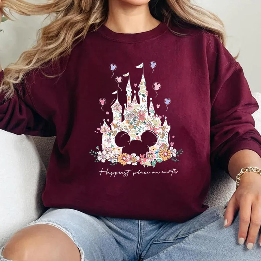 Damen Sweatshirt mit Rundhalsausschnitt und floralem Schloss-Print, Langarm