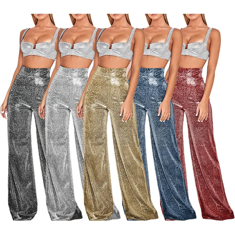 Damen Glitzer Crop Top & Weite Hose Set, Langarm, Hohe Taille