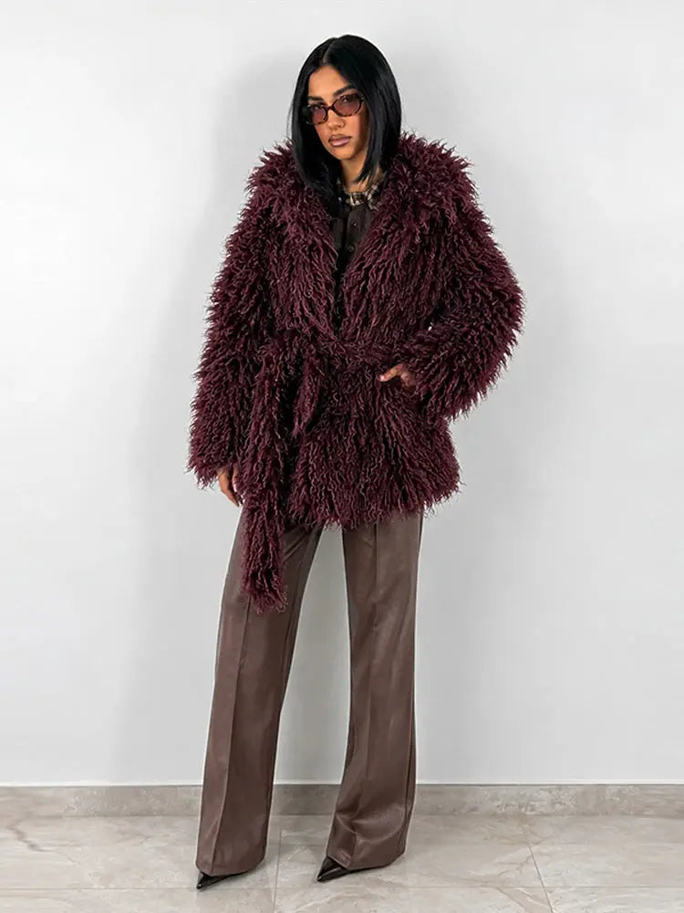 Damen Shaggy Jacke mit Kapuze und Bindegürtel, Lockiges Plüschmaterial