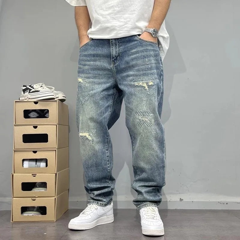 Herenjeans loose fit blauw in used look met wijde pijpen en distressed-effect